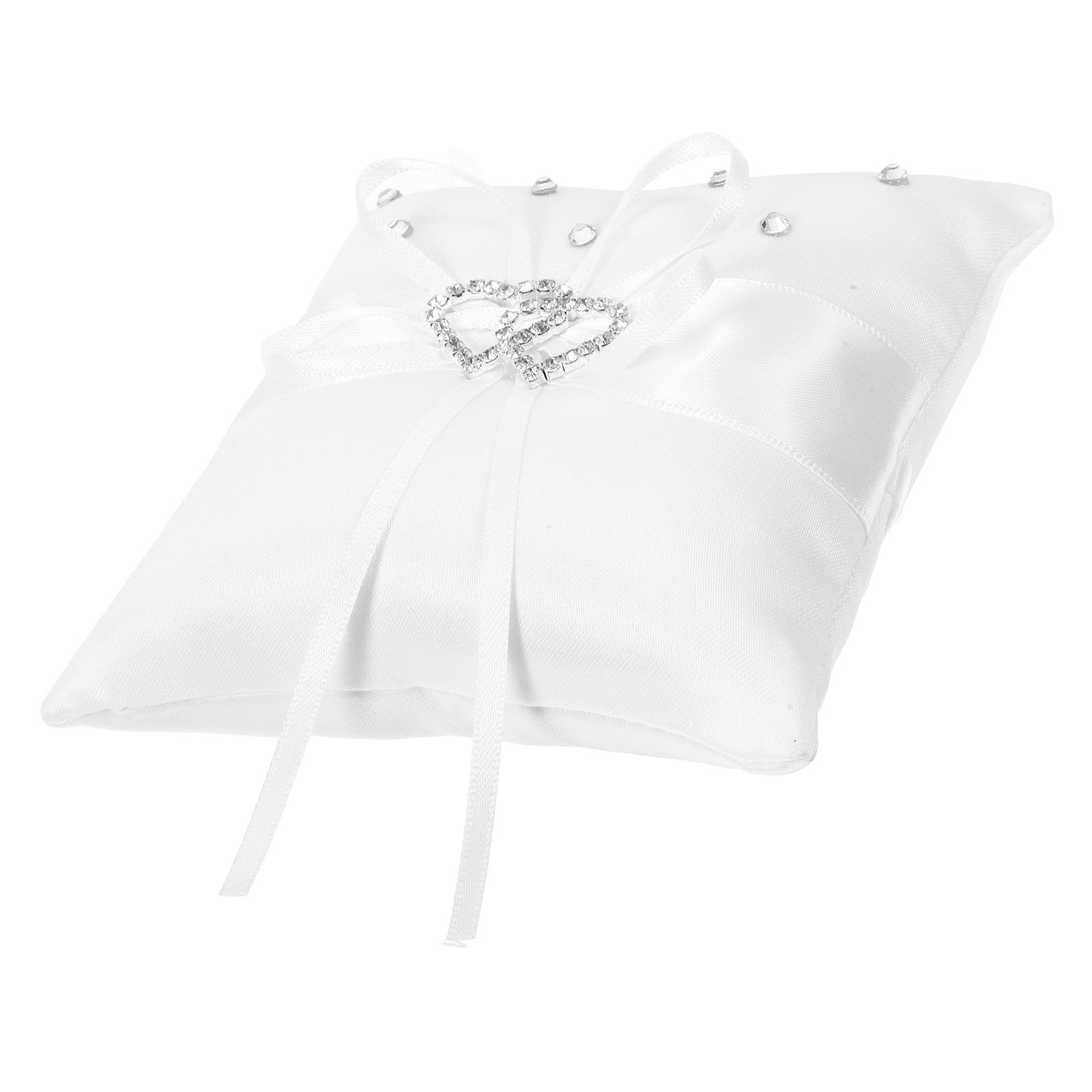 Ring Bearer Pillow - 10cm×10cmの白いウェディングリングピロー。ダブルハートのラインストーンが施されたサテンリボンで装飾。ブライダルセレモニーでリングを渡す際に使用するクッションポケット。