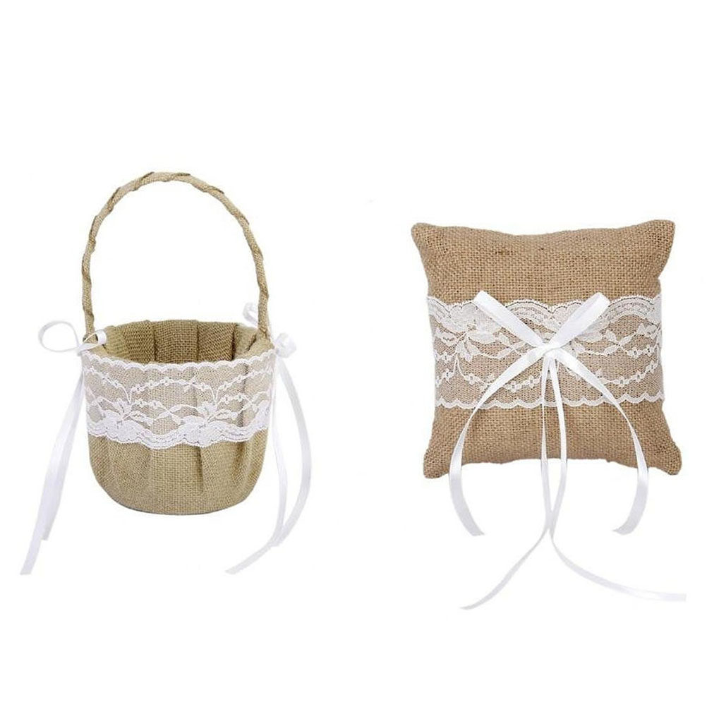 Ring Bearer Pillow - 6個セット 6インチ バーラップジュートレース フラワーバスケットリング ベアラーピロー 素朴なカントリーウェディングクッション