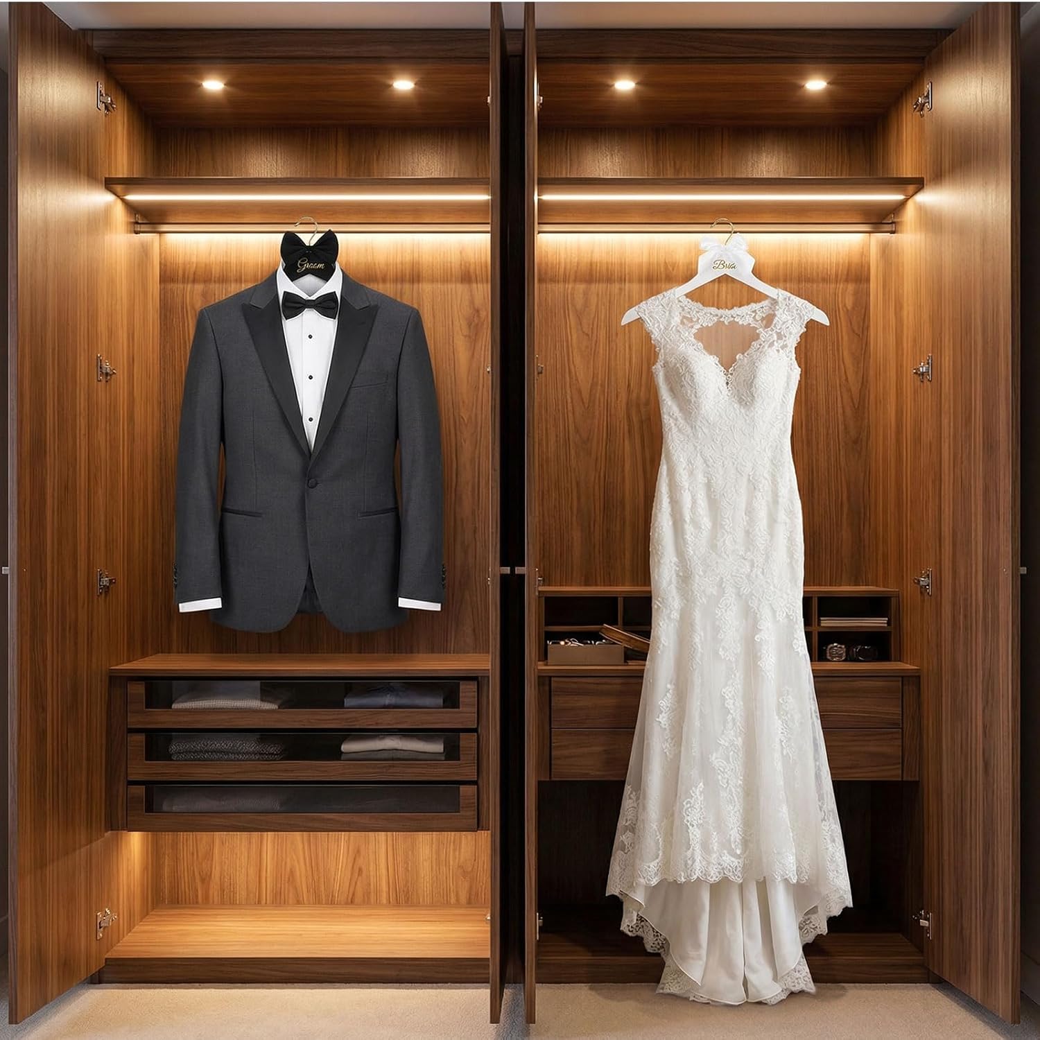 木製の新郎新婦用ハンガーセット2個。ウェディングドレスやスー - Suit Supply Wedding Party のレビューと価格